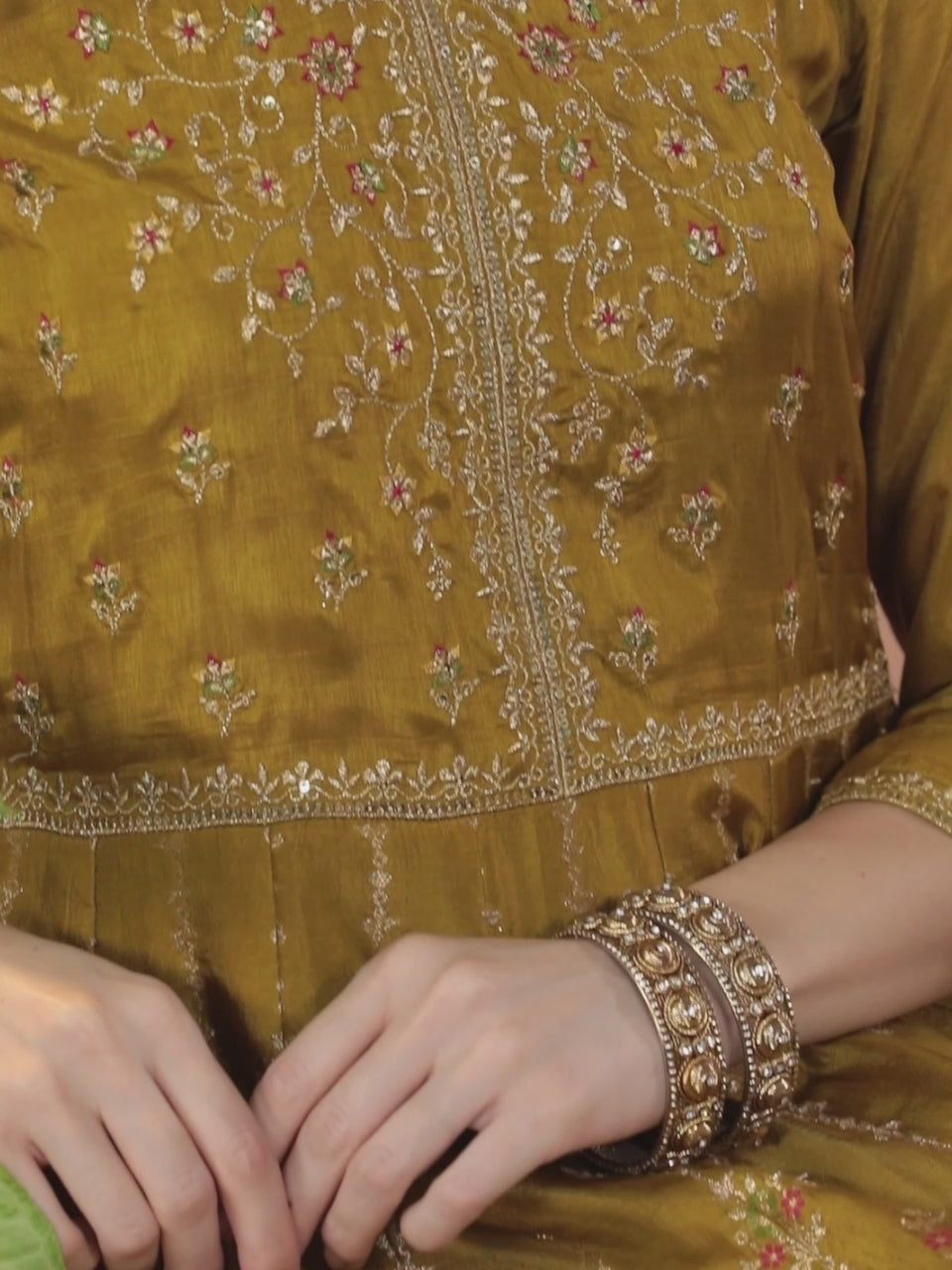  Mustard Self Design Silk Anarkali Kurta With Churidar & Dupatta 