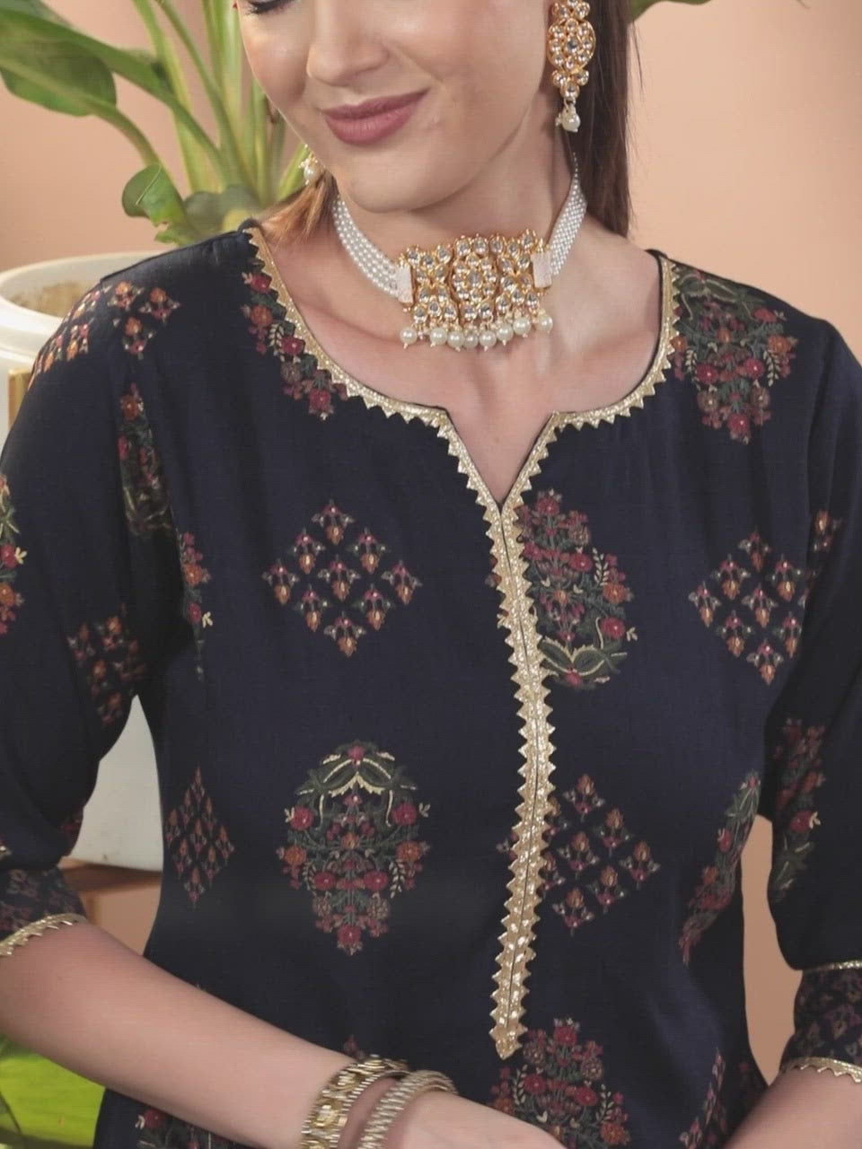  Blue Printed Rayon Straight Kurta With Palazzos & Dupatta 