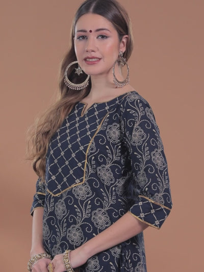 Navy Blue Printed Cotton Kurta