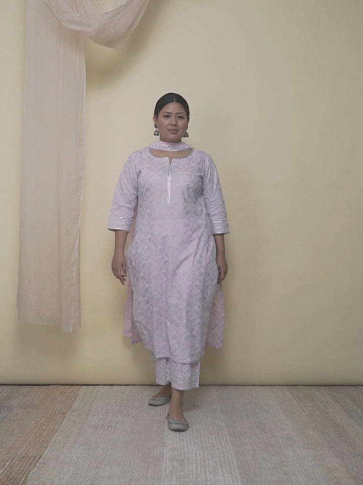 Plus Size Pink Printed Cotton Straight Kurta With Palazzos & Dupatta