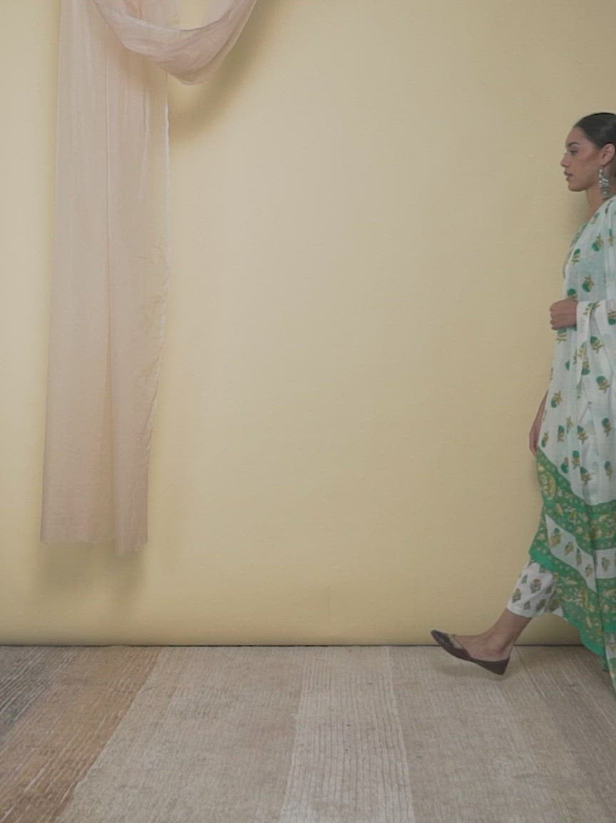  Green Printed Cotton Straight Kurta With Palazzos & Dupatta 