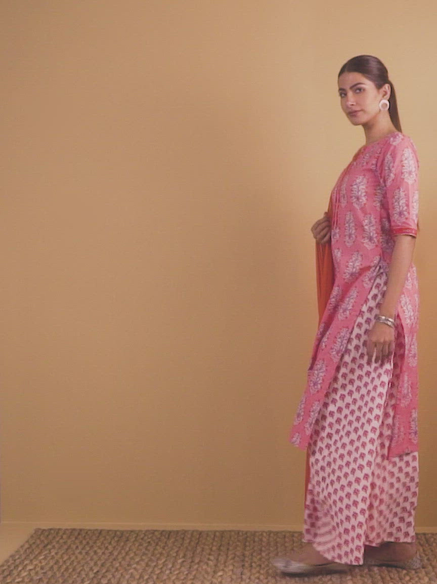 Pink Printed Cotton Straight Kurta With Skirt & Dupatta