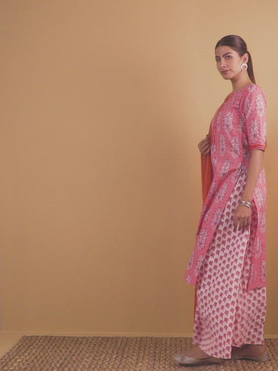 Pink Printed Cotton Straight Kurta With Skirt & Dupatta