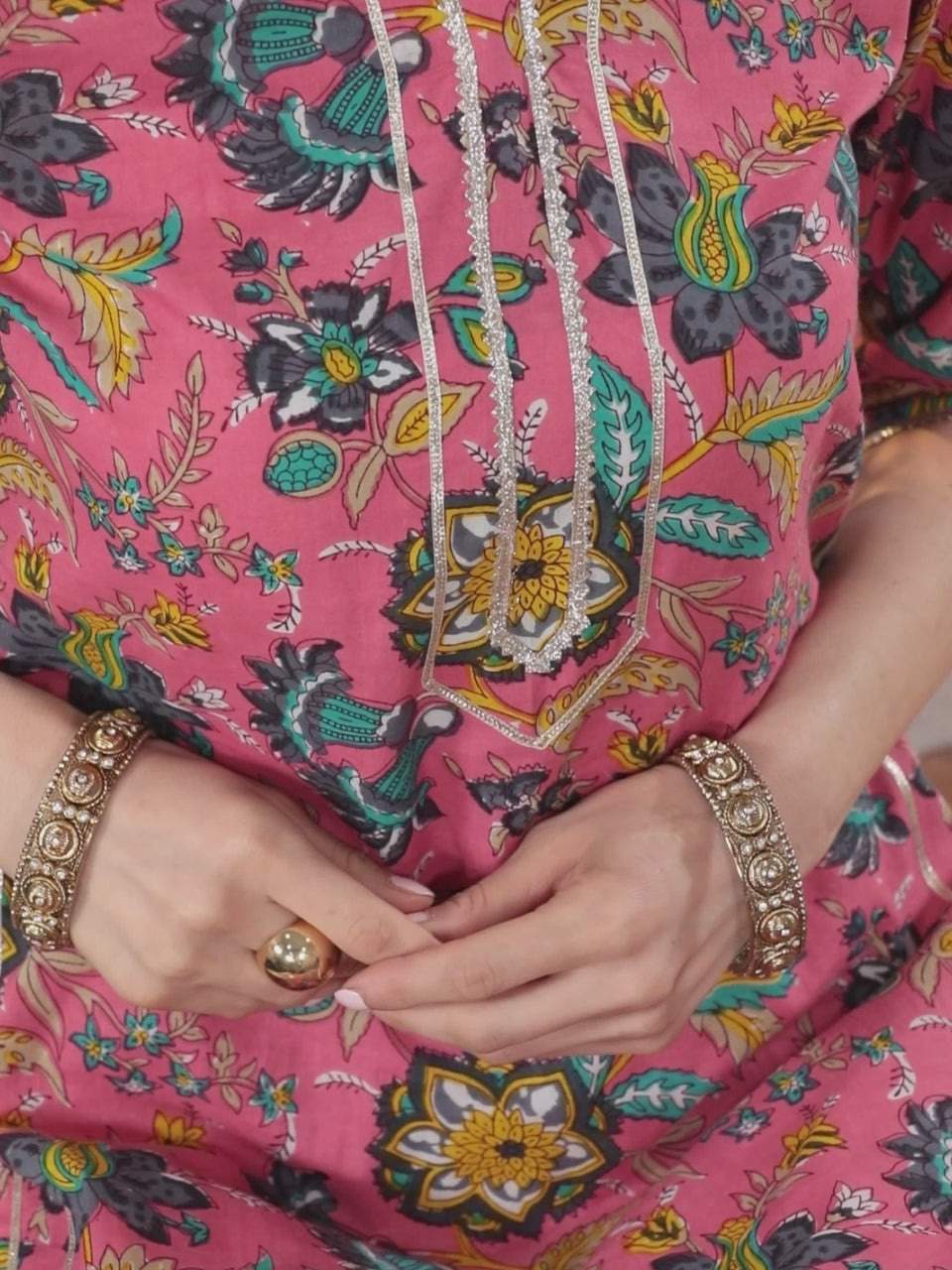  Pink Printed Cotton Straight Kurta With Palazzos & Dupatta 