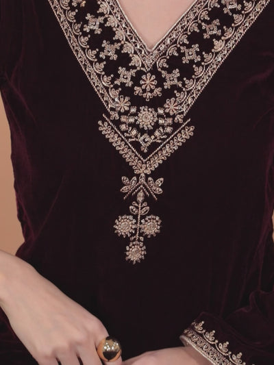Maroon Embroidered Velvet A-Line Kurta With Trousers & Dupatta