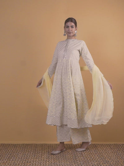 Yellow Printed Cotton A-Line Kurta With Palazzos & Dupatta