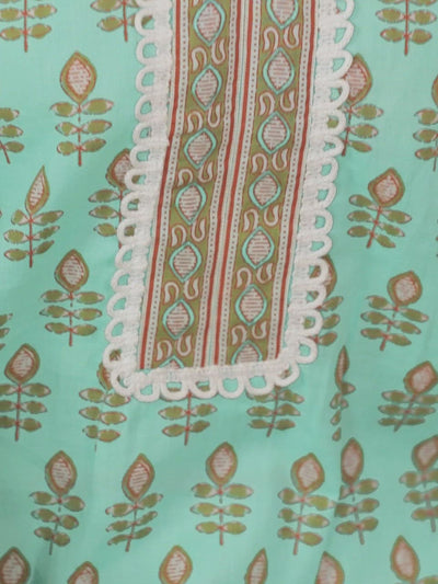 Sea Green Printed Cotton Straight Kurta With Palazzos & Dupatta