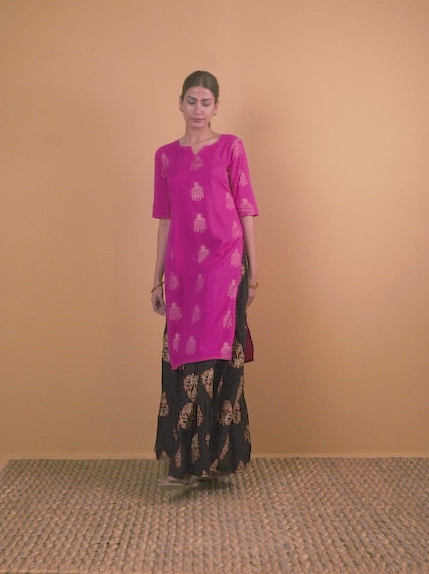 Pink Printed Rayon Straight Kurta With Skirt