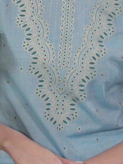 Blue Printed Cotton Straight Kurta With Dupatta