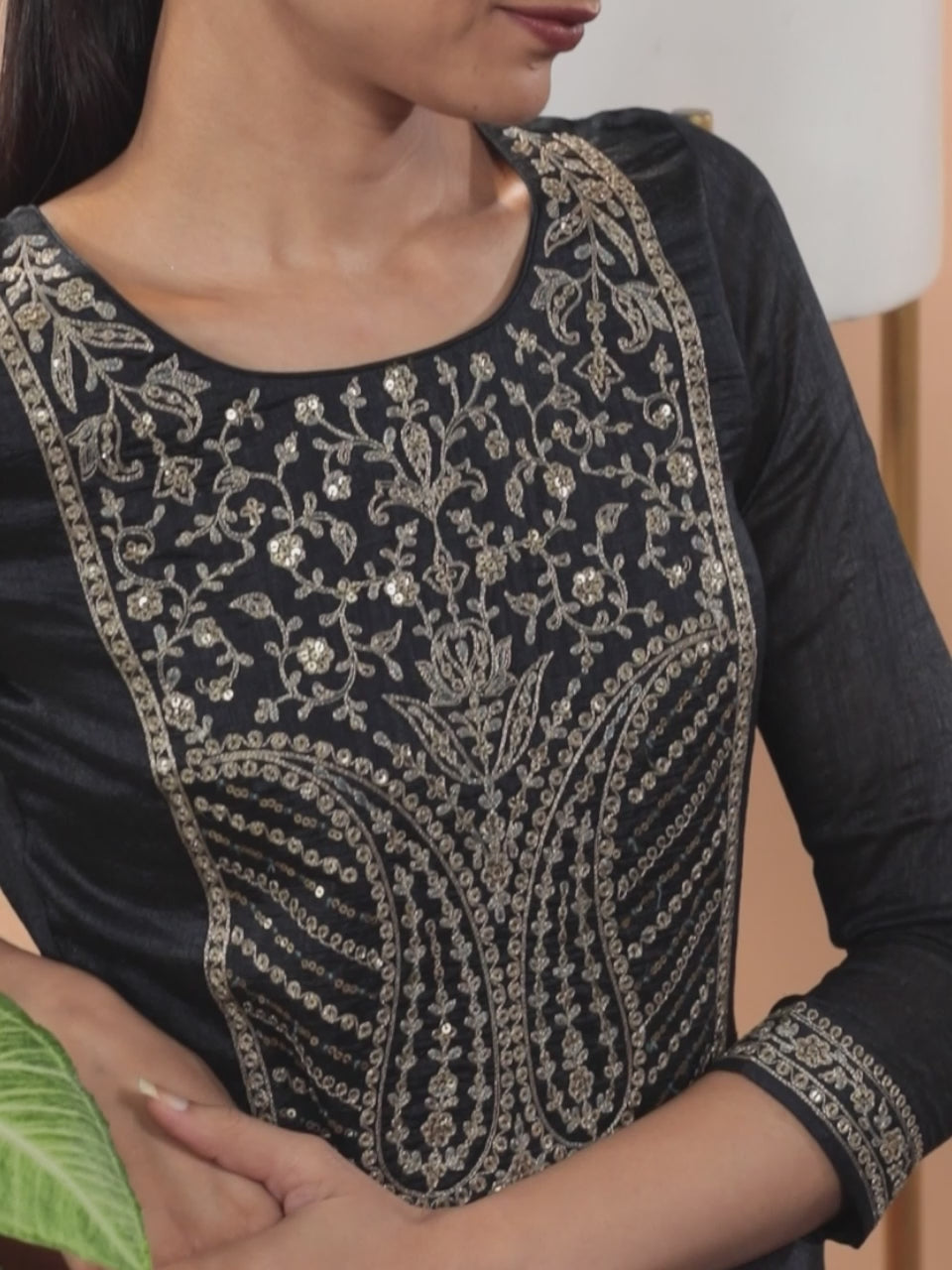  Charcoal Yoke Design Silk Blend Straight Sharara Suit Set With Dupatta 