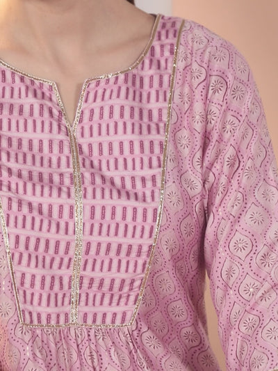 Pink Printed Silk Straight Kurta