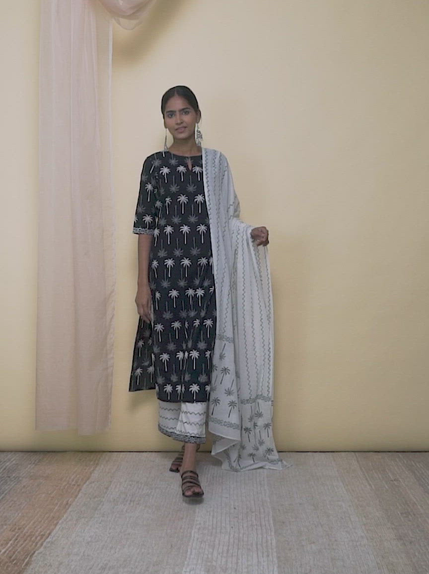 Black Printed Cotton Straight Kurta With Palazzos & Dupatta