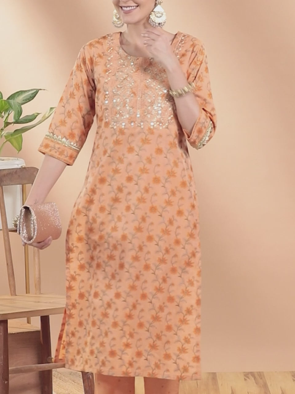  Orange Yoke Design Cotton Silk Kurta 