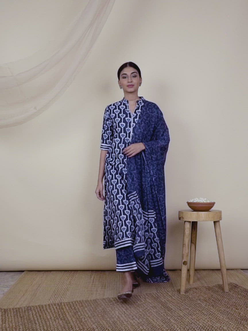 Blue Printed Cotton Straight Kurta With Palazzos & Dupatta