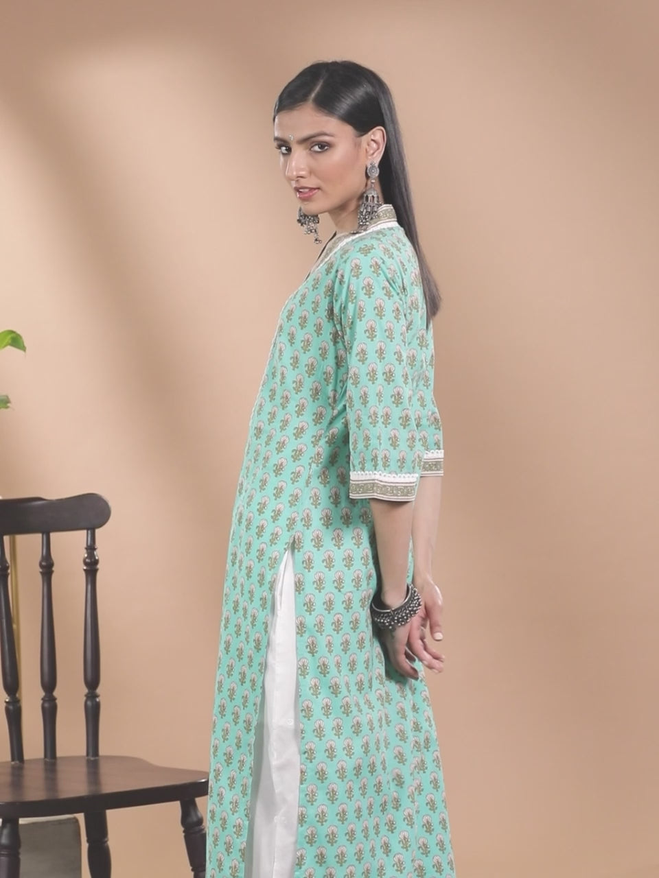 Sea Green Printed Cotton Kurta