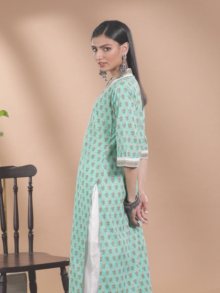 Sea Green Printed Cotton Kurta