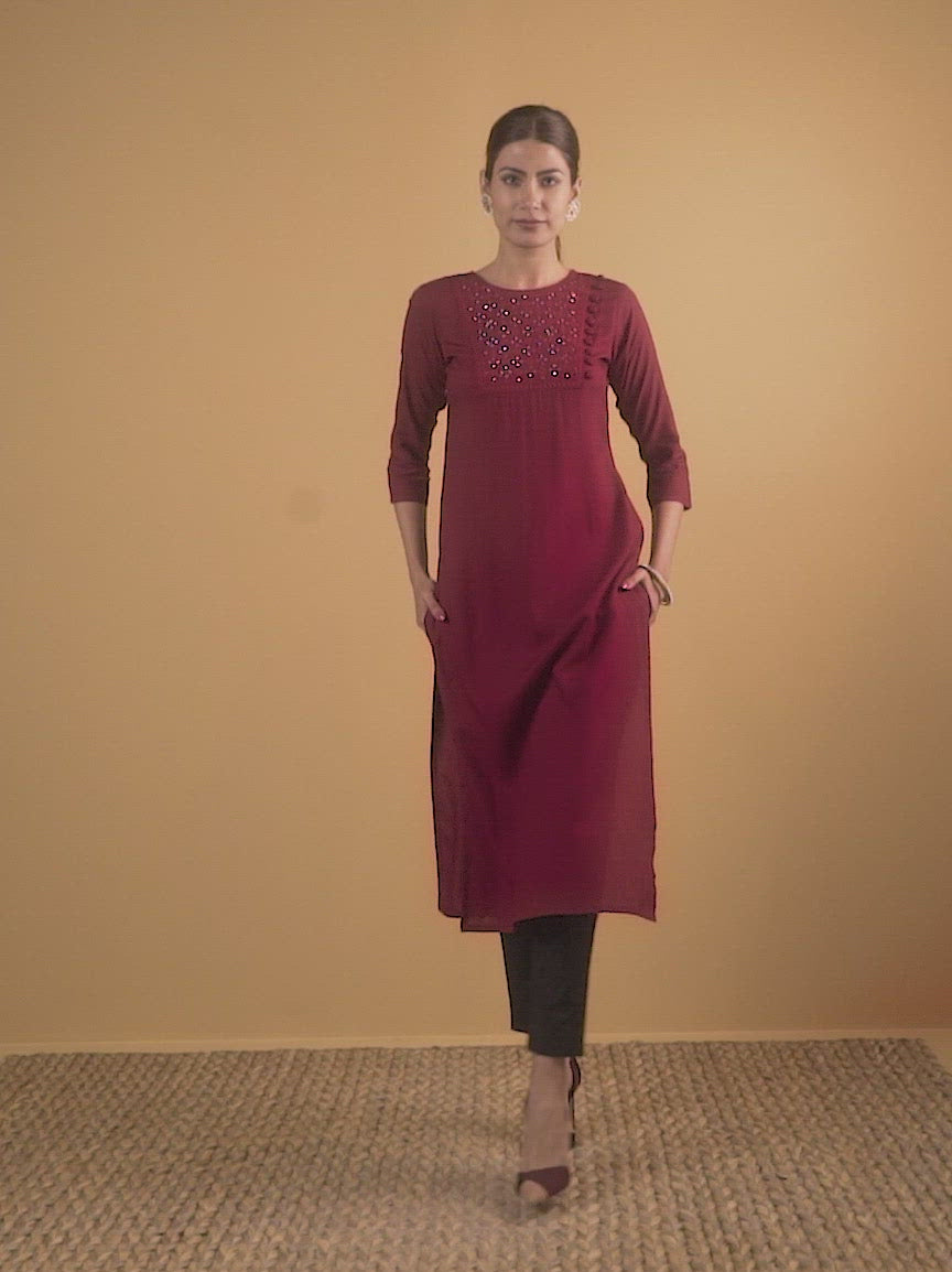 Maroon Yoke Design Rayon Kurta