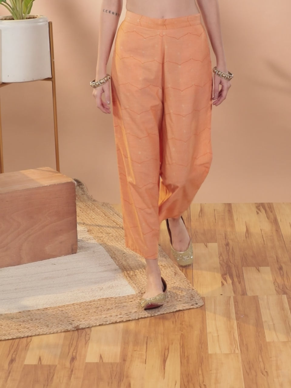  Orange Printed Silk Palazzos 
