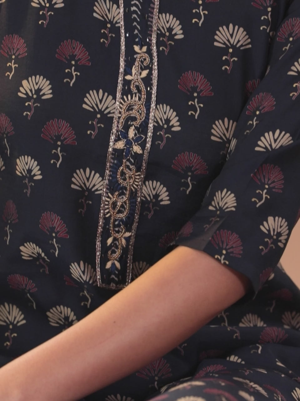  Navy Blue Printed Silk Blend Straight Kurta With Dupatta 