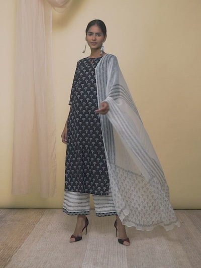 Black Printed Cotton Straight Kurta With Palazzos & Dupatta