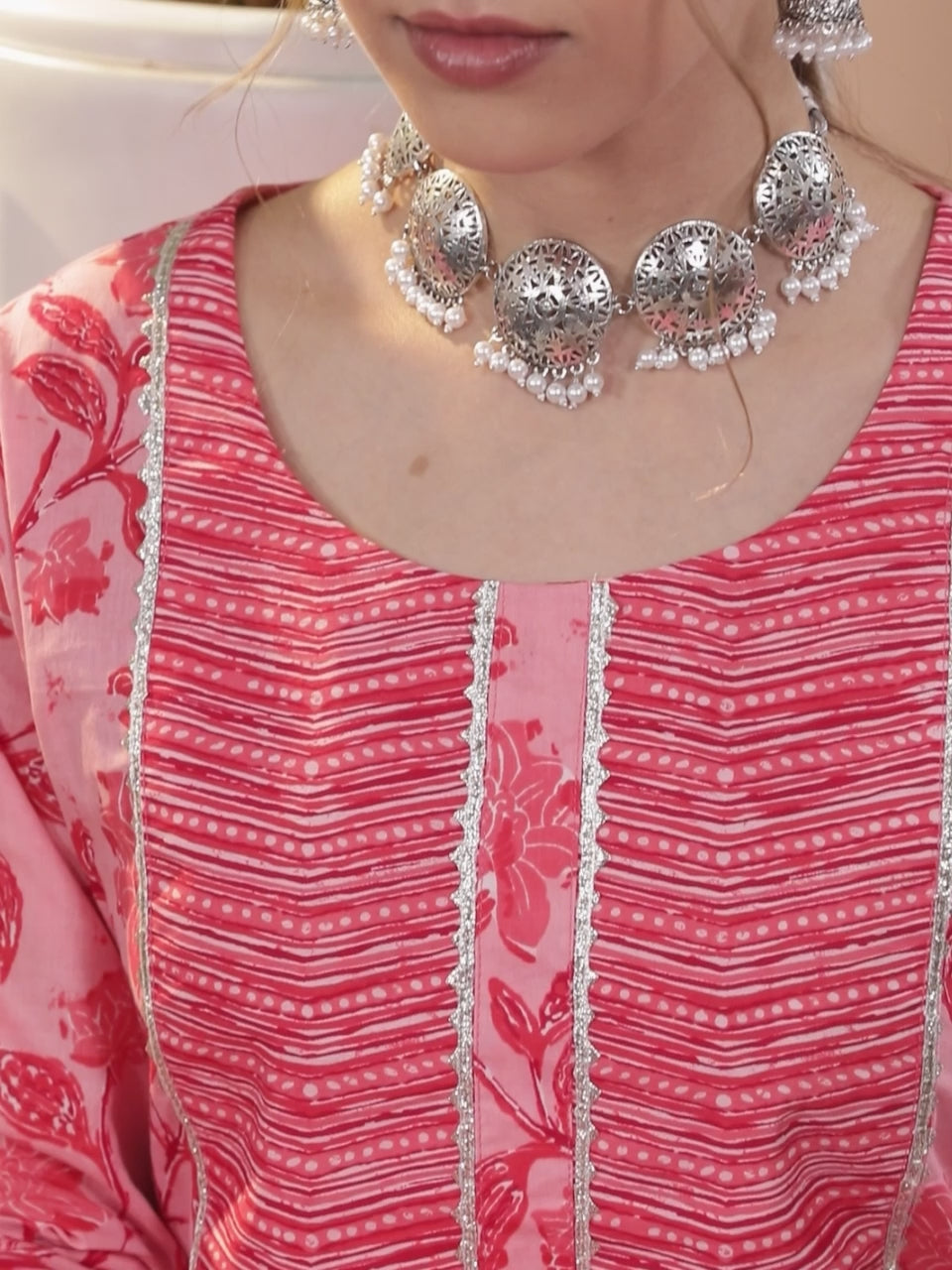  Pink Printed Cotton Straight Kurta With Palazzos & Dupatta 