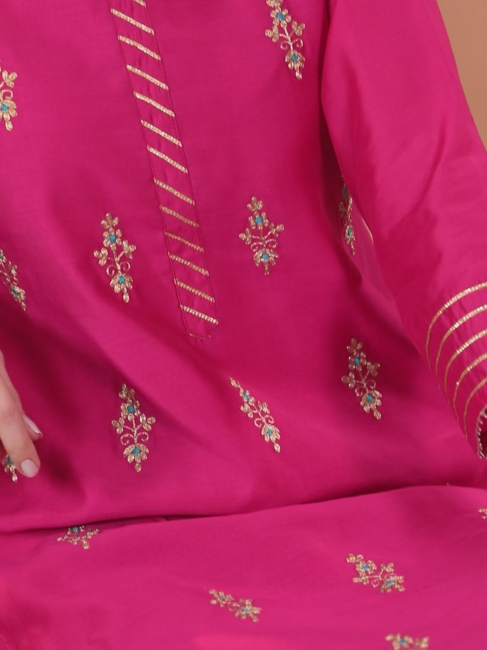 Pink Embroidered Chanderi Silk Straight Kurta With Trousers & Dupatta