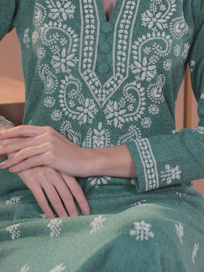 Sea Green Printed Wool Straight Kurta With Trousers & Dupatta