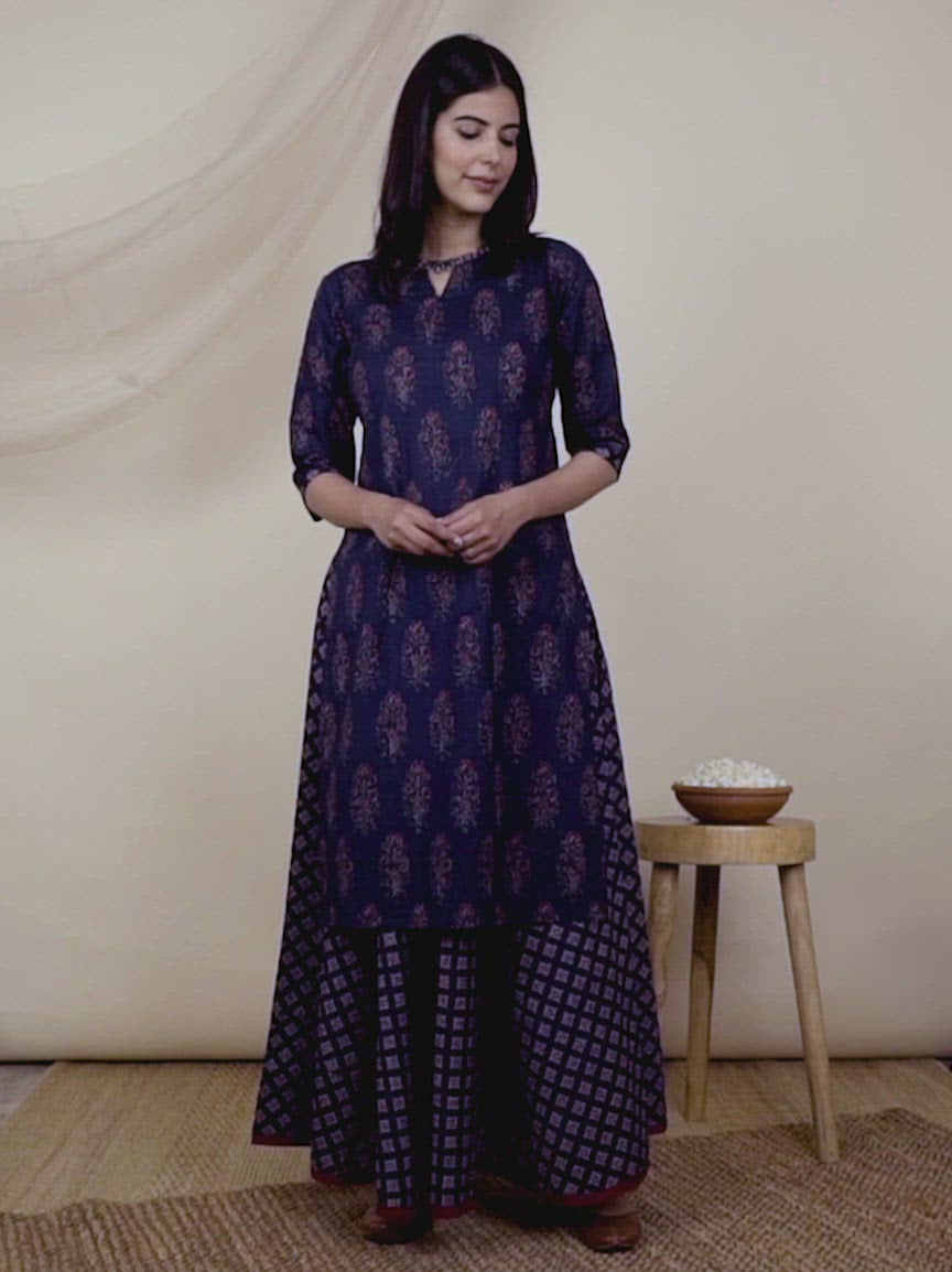  Blue Printed Cotton Straight Kurta With Skirt 