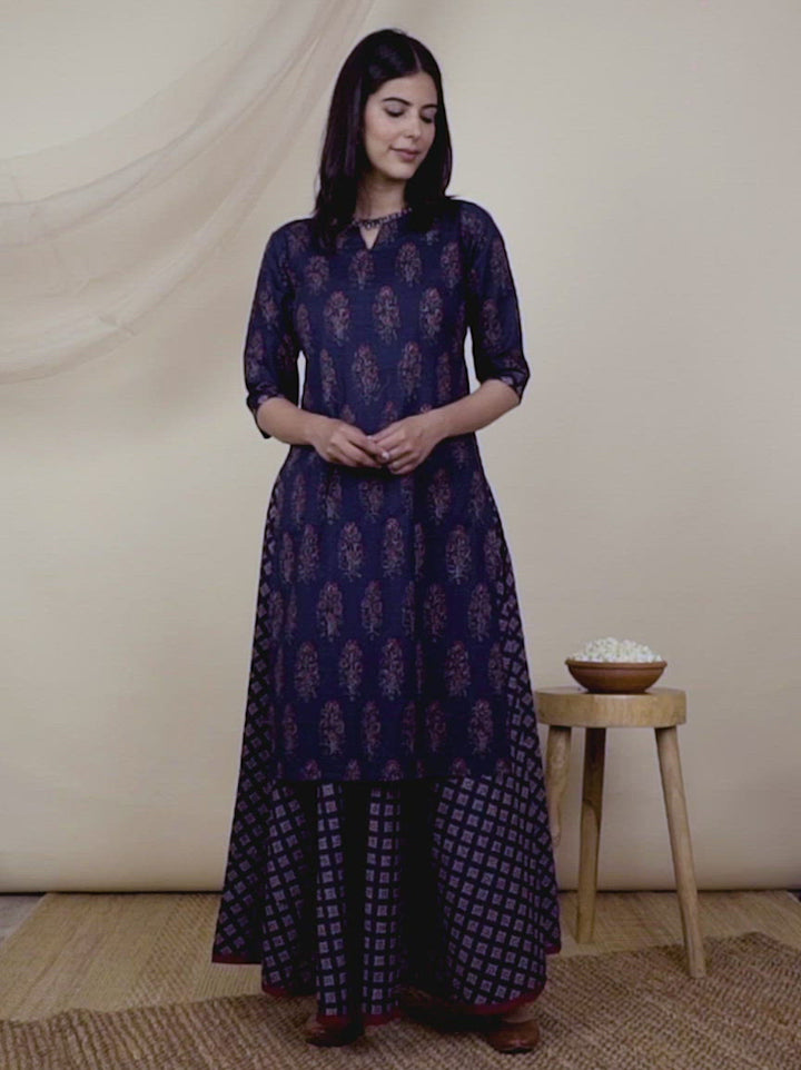 Blue Printed Cotton Straight Kurta With Skirt