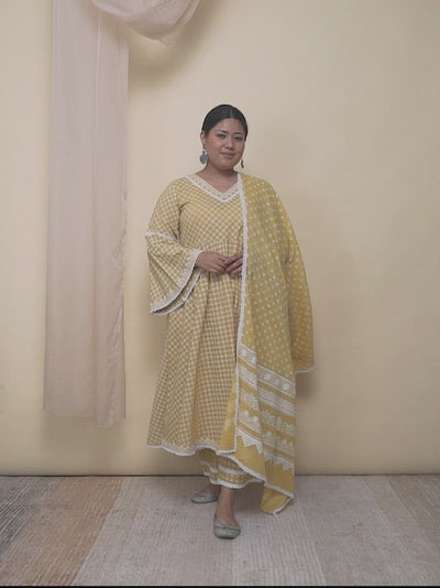 Plus Size Yellow Printed Cotton Anarkali Kurta With Palazzos & Dupatta