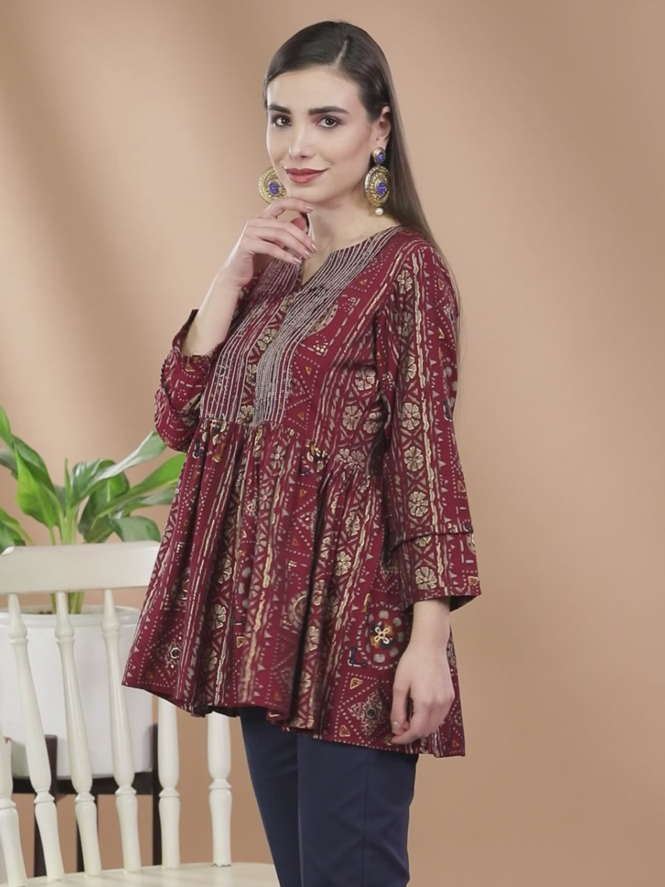 Maroon Printed A-Line Kurti