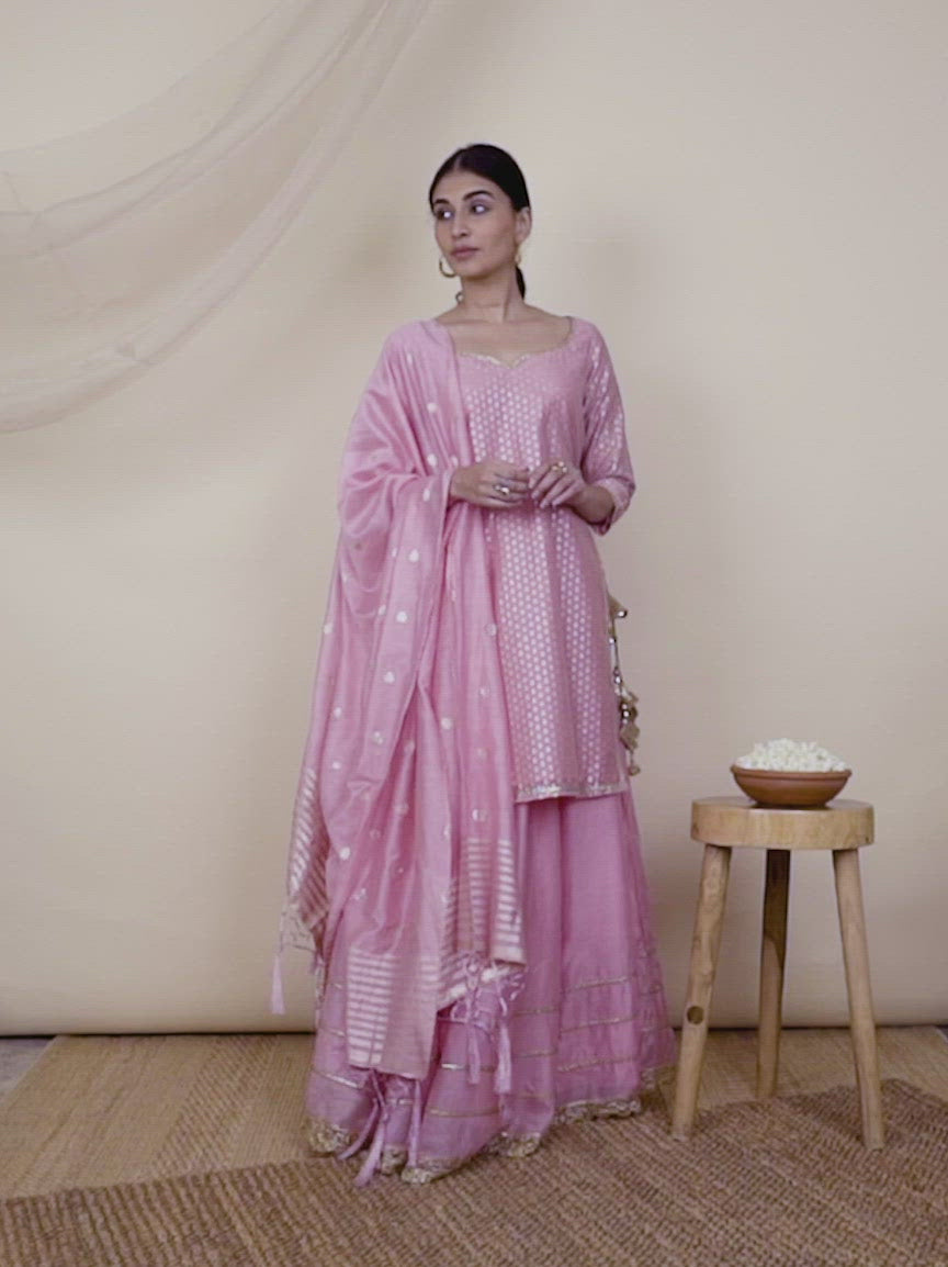 Pink Self Design Silk Straight Kurta With Skirt & Dupatta