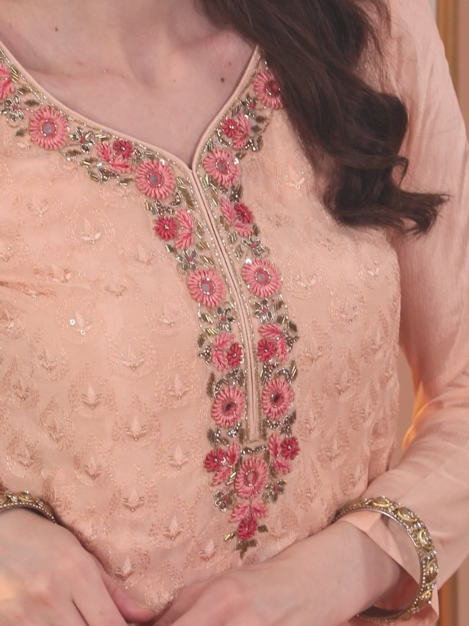  Peach Embroidered Georgette Straight Kurta With Sharara & Dupatta 