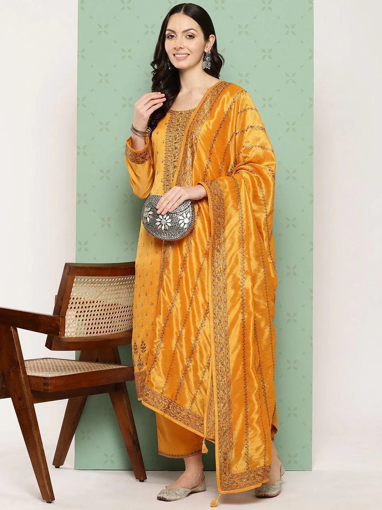 Libas Amber Embroidered Silk Blend Straight Suit With Dupatta