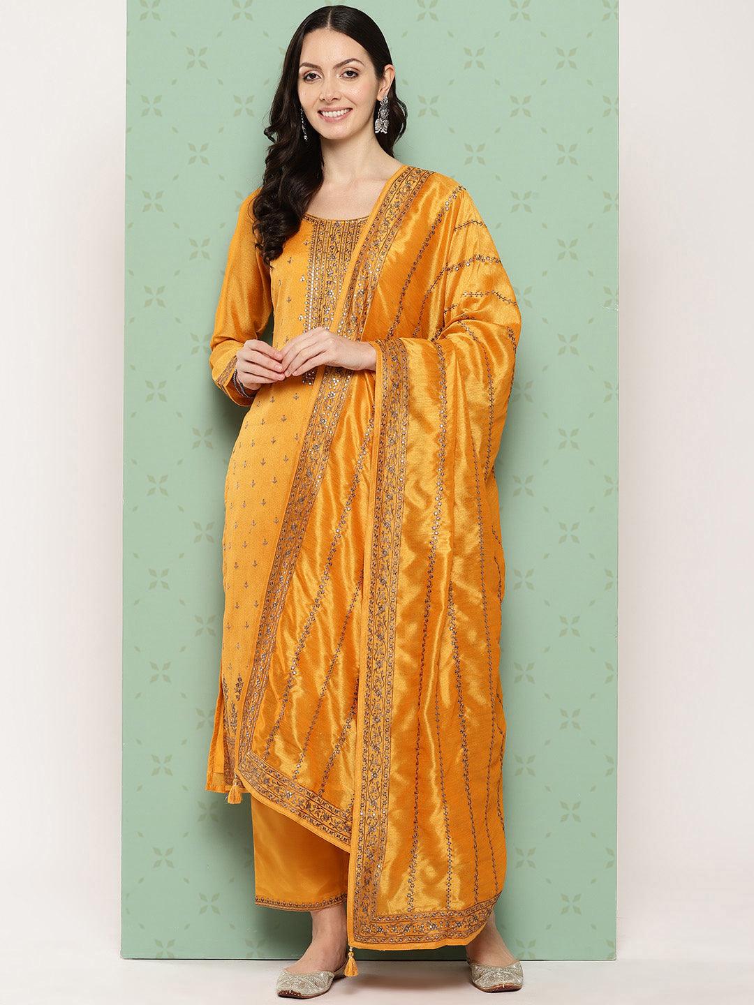 Amber Embroidered Silk Blend Straight Suit With Dupatta