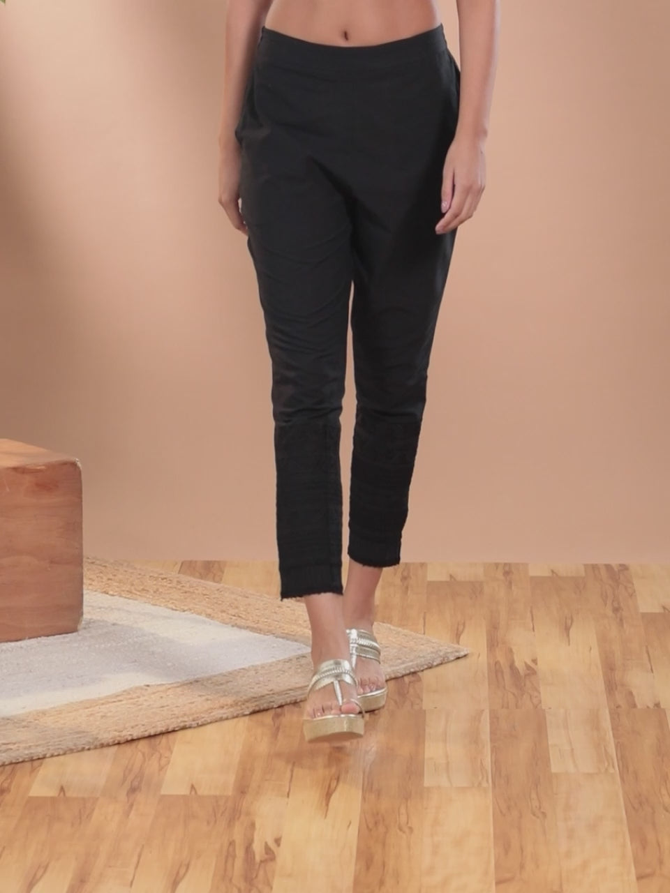  Black Solid Cotton Trousers 