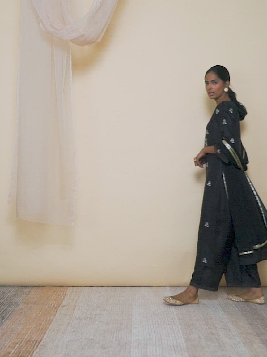  Black Embroidered Silk Straight Kurta With Palazzos & Dupatta 