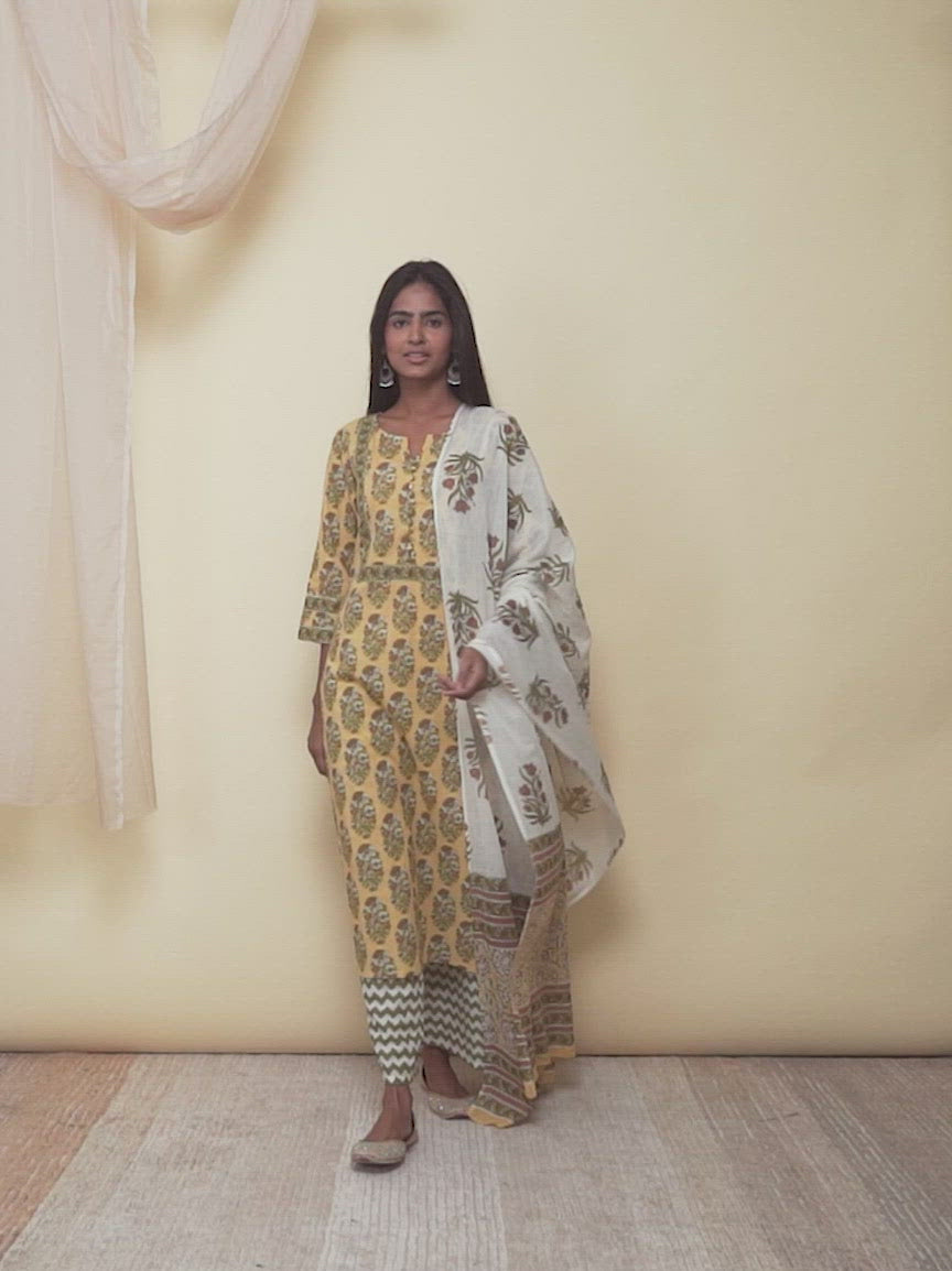  Yellow Printed Cotton Straight Kurta With Palazzos & Dupatta 
