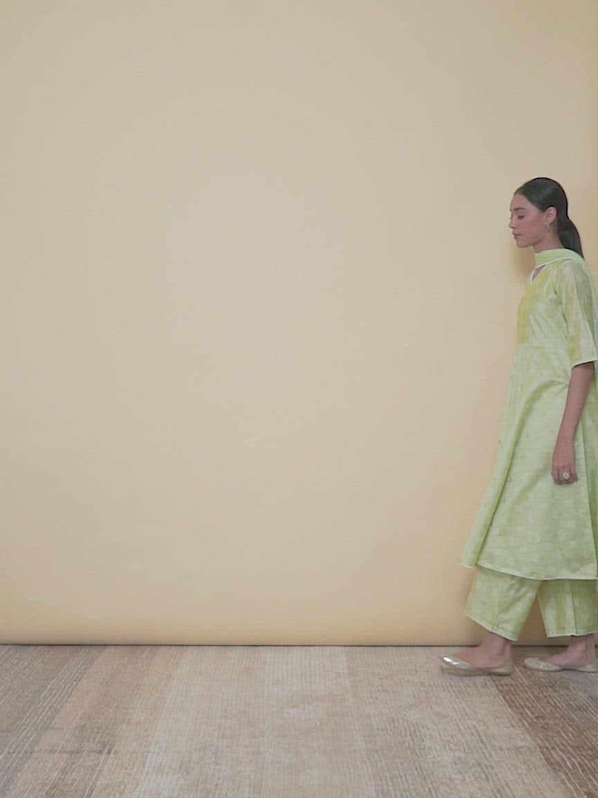  Green Printed Tussar Silk A-Line Kurta With Palazzos & Dupatta 