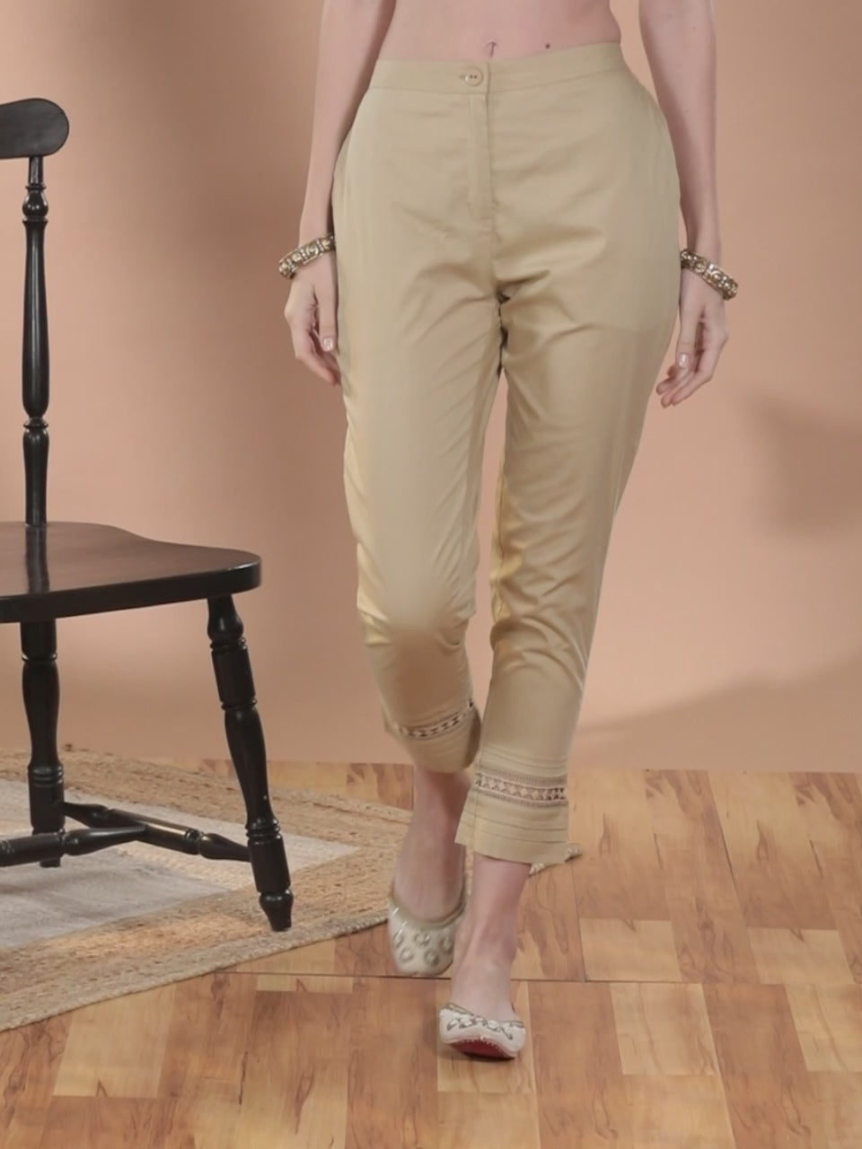  Beige Solid Cotton Trousers 