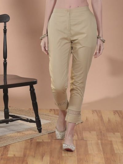 Beige Solid Cotton Trousers