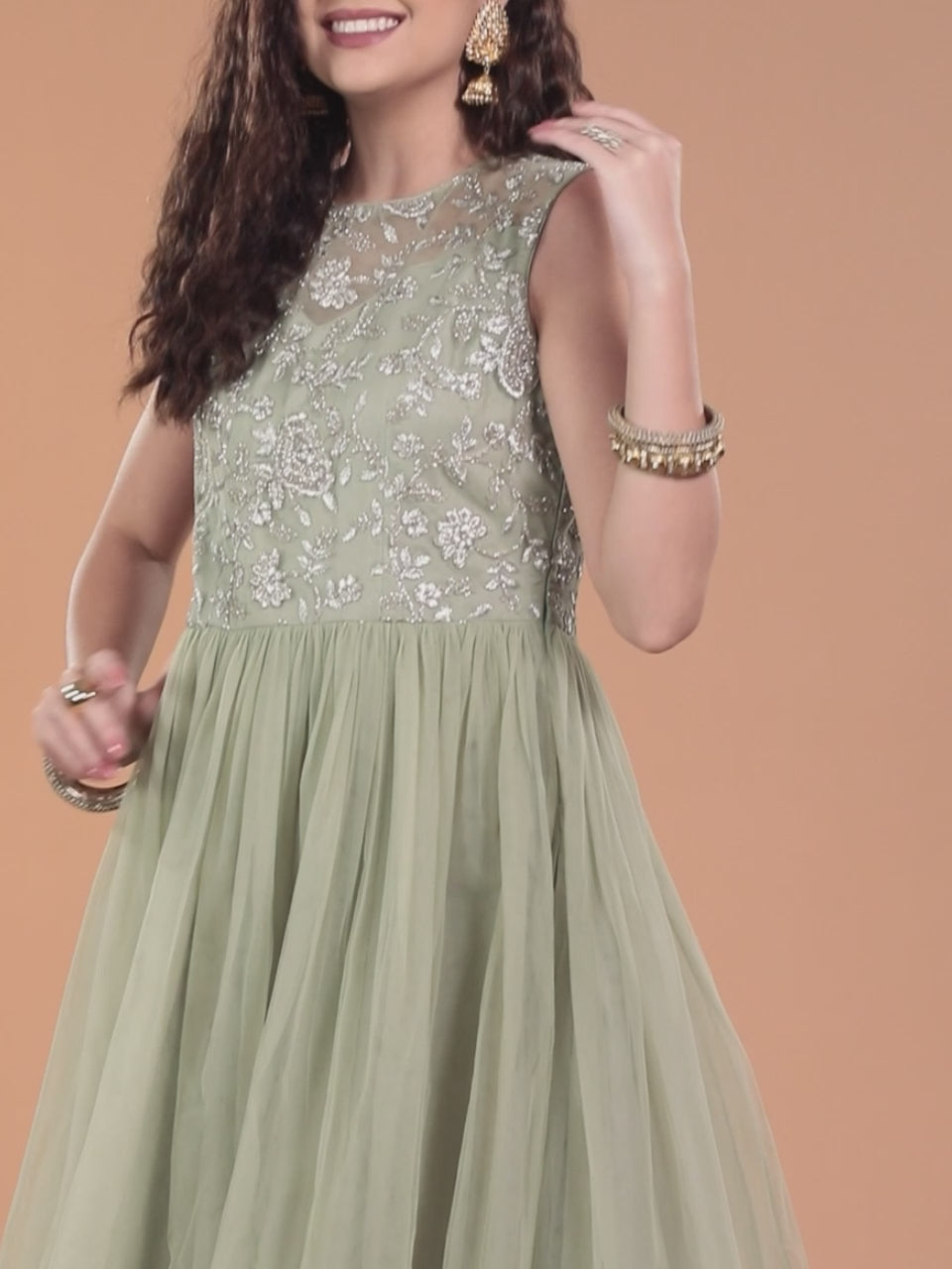 Green Embroidered Nylon Gown Dress 