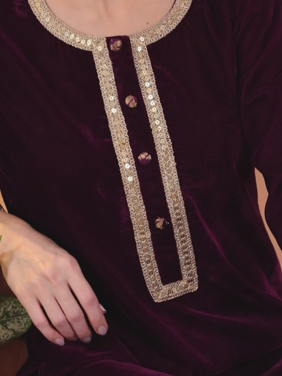  Purple Yoke Design Velvet Straight Kurta With Skirt & Dupatta 