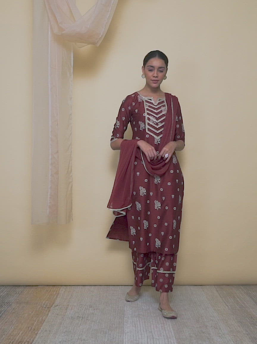  Brown Printed Silk Straight Kurta With Palazzos & Dupatta 