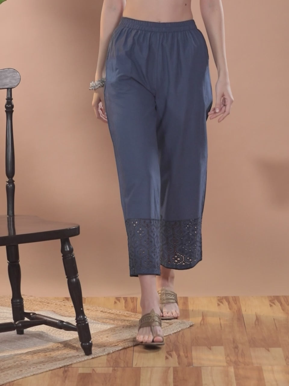  Blue Solid Cotton Palazzos 
