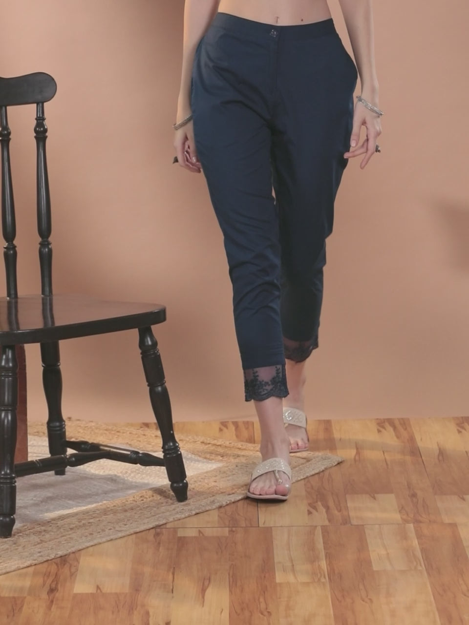 Navy Blue Solid Cotton Trousers 