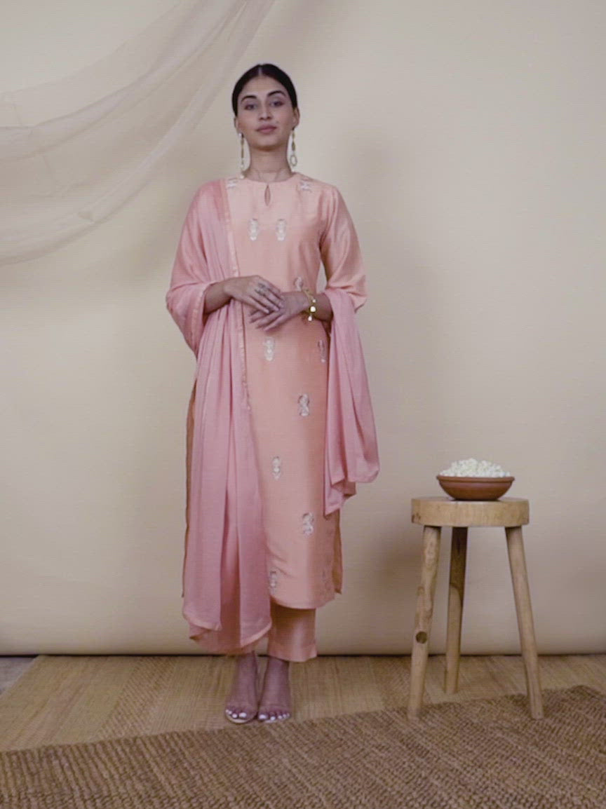 Peach Embroidered Silk Straight Kurta With Dupatta