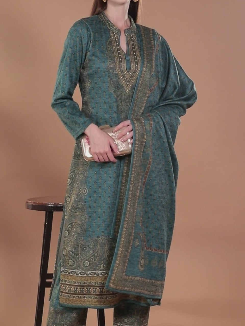  Blue Printed Wool Straight Kurta With Trousers & Dupatta 