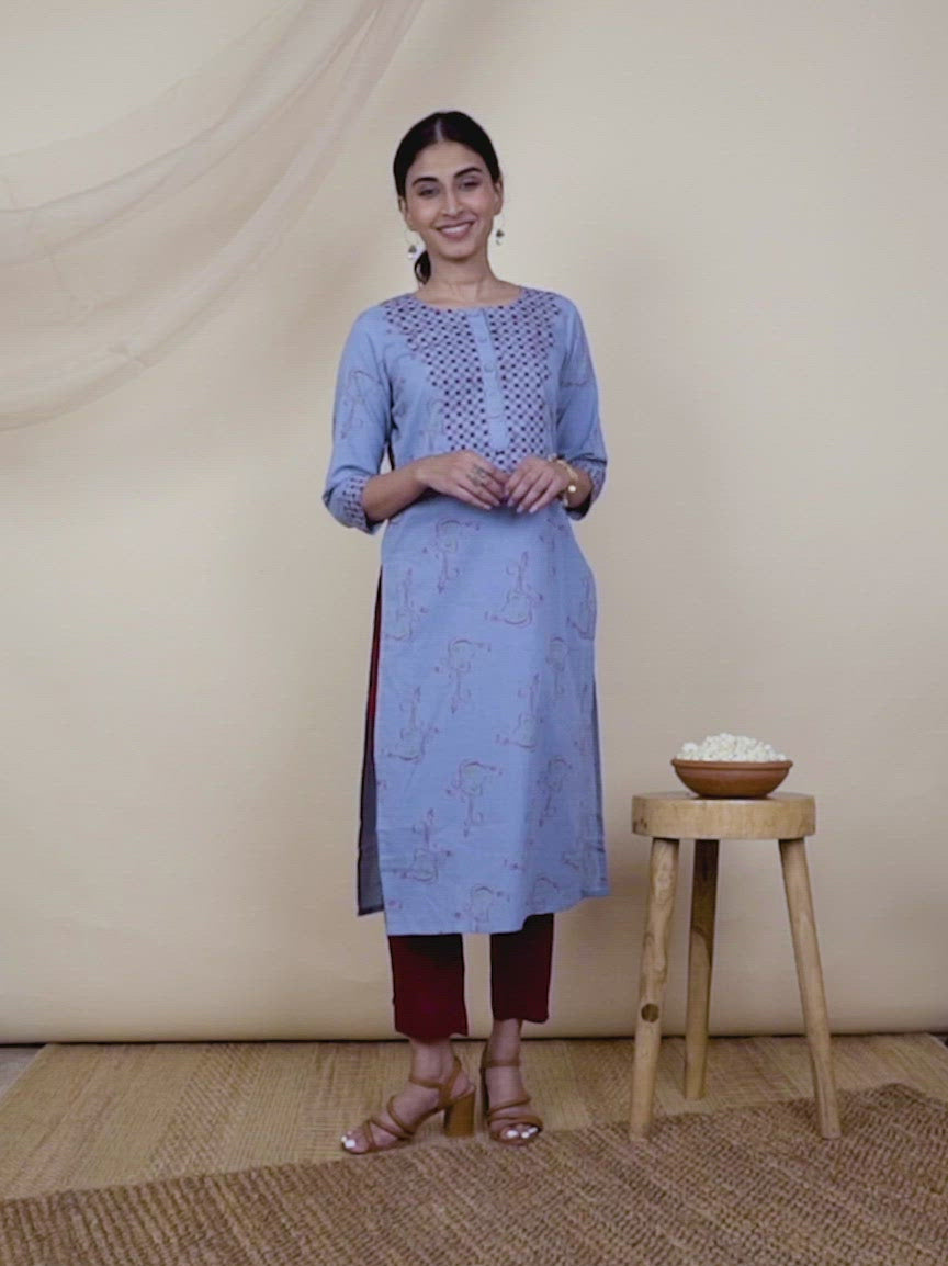 Blue Printed Cotton Kurta