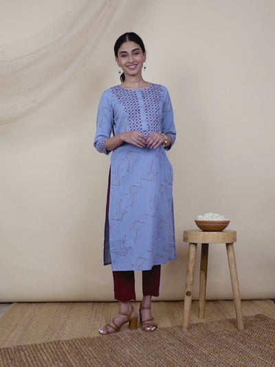 Blue Printed Cotton Kurta